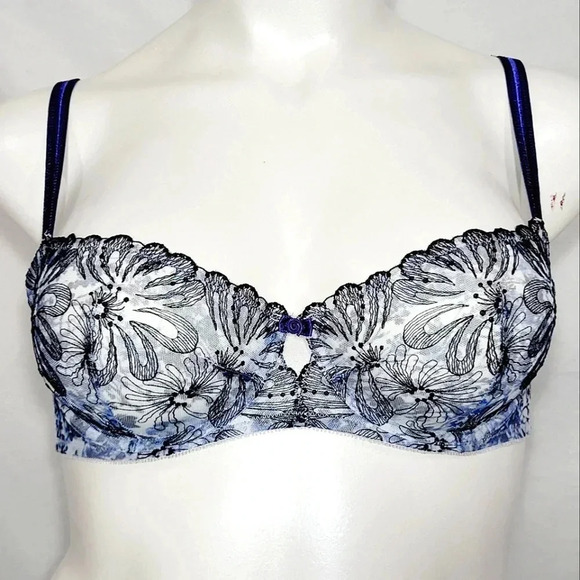 34D Paramour 115009‎ Ellie Demi Unlined Lace Underwire Bra Blue Blossoms NWT - Picture 1 of 11